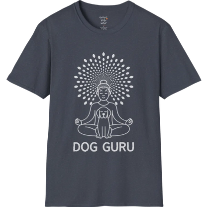 Meditating dog figure in lotus pose with mandala sunburst halo, “Dog Guru” design — The Vault collection by Ramro Yoga Wear — Heather Navy