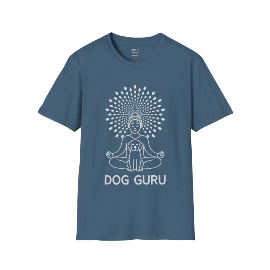 Dog Guru T-Shirt in Indigo Blue featuring yoga-inspired dog artwork with calming modern line illustration.