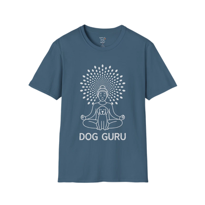 Dog Guru T-Shirt in Indigo Blue featuring yoga-inspired dog artwork with calming modern line illustration.