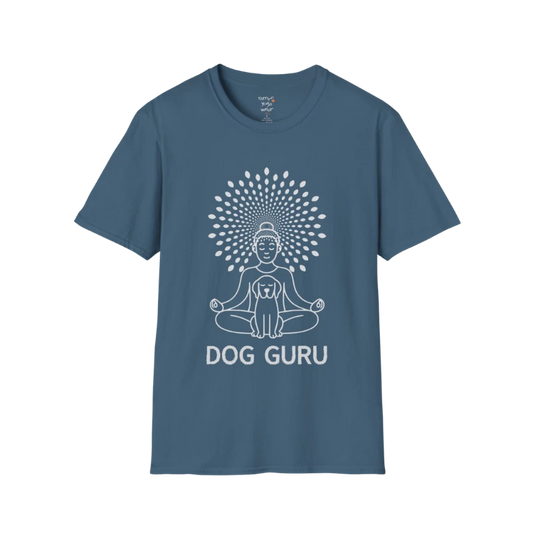 Meditating dog figure in lotus pose with mandala sunburst halo, “Dog Guru” design — The Vault collection by Ramro Yoga Wear — Indigo Blue
