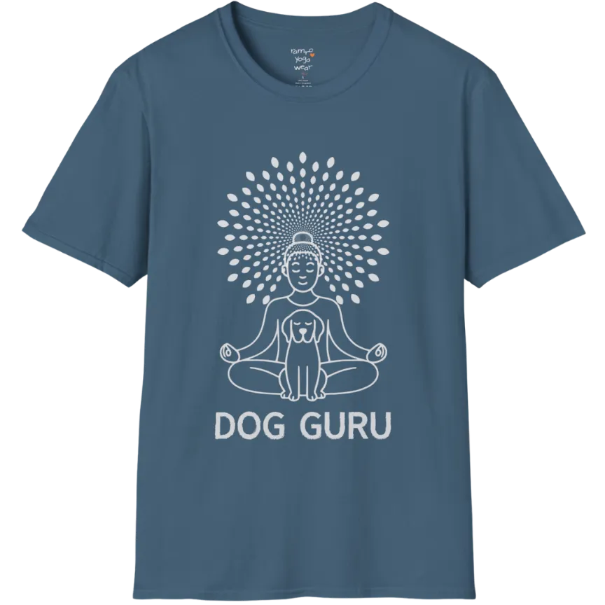 Meditating dog figure in lotus pose with mandala sunburst halo, “Dog Guru” design — The Vault collection by Ramro Yoga Wear — Indigo Blue