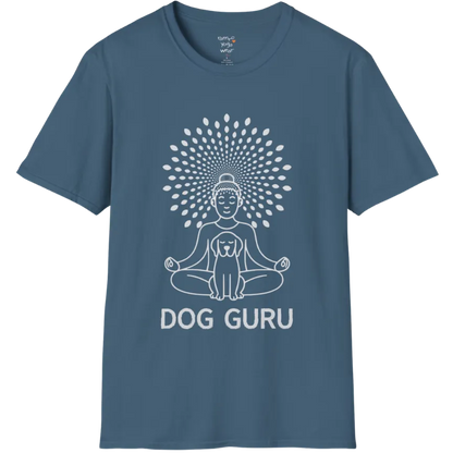 Meditating dog figure in lotus pose with mandala sunburst halo, “Dog Guru” design — The Vault collection by Ramro Yoga Wear — Indigo Blue