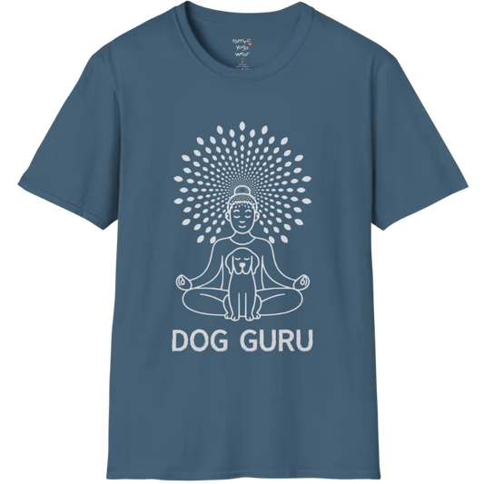 Meditating dog figure in lotus pose with mandala sunburst halo, “Dog Guru” design — The Vault collection by Ramro Yoga Wear — Indigo Blue