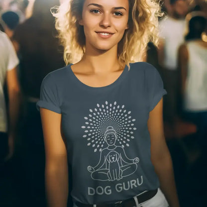 Woman wearing Indigo Blue Dog Guru T-Shirt in editorial lifestyle setting with calming yoga dog design.