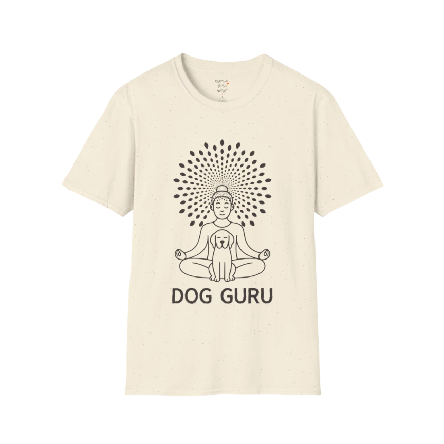 Dog Guru T-Shirt in Natural featuring peaceful yoga dog illustration and minimalist spiritual artwork.