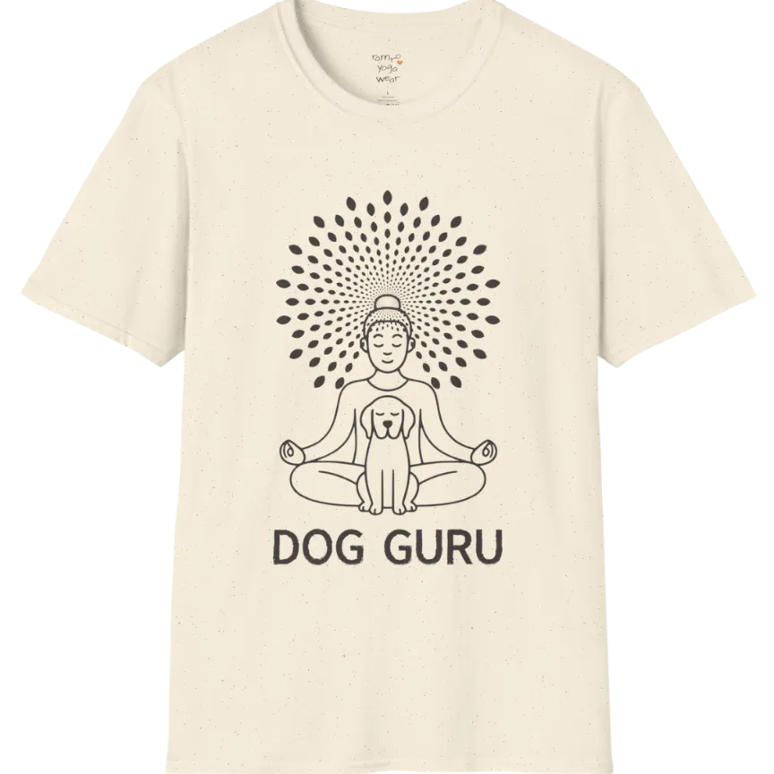 Meditating dog figure in lotus pose with mandala sunburst halo, “Dog Guru” design — The Vault collection by Ramro Yoga Wear — Natural