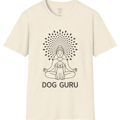 Meditating dog figure in lotus pose with mandala sunburst halo, “Dog Guru” design — The Vault collection by Ramro Yoga Wear — Natural