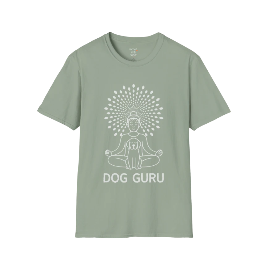 Dog Guru T-Shirt in Sage with meditating yoga figure and dog-inspired mindful graphic.