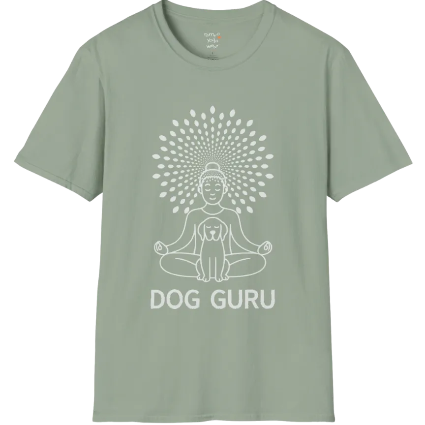 Meditating dog figure in lotus pose with mandala sunburst halo, “Dog Guru” design — The Vault collection by Ramro Yoga Wear — Sage