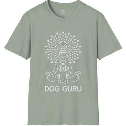 Meditating dog figure in lotus pose with mandala sunburst halo, “Dog Guru” design — The Vault collection by Ramro Yoga Wear — Sage