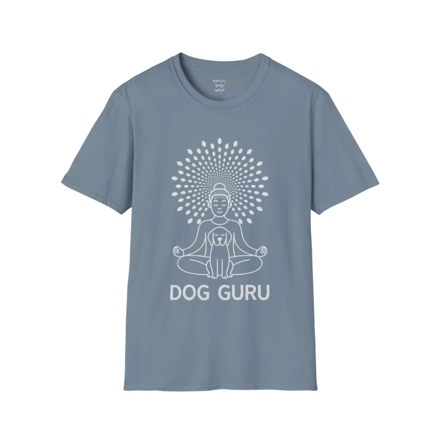 Dog Guru T-Shirt in Stone Blue featuring calm yoga dog artwork and modern spiritual illustration.