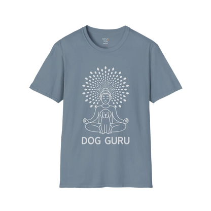 Dog Guru T-Shirt in Stone Blue featuring calm yoga dog artwork and modern spiritual illustration.