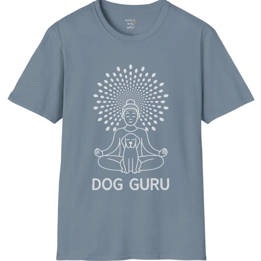 Meditating dog figure in lotus pose with mandala sunburst halo, “Dog Guru” design — The Vault collection by Ramro Yoga Wear — Stone Blue