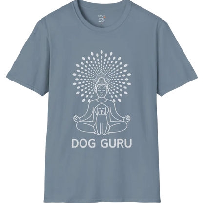 Meditating dog figure in lotus pose with mandala sunburst halo, “Dog Guru” design — The Vault collection by Ramro Yoga Wear — Stone Blue