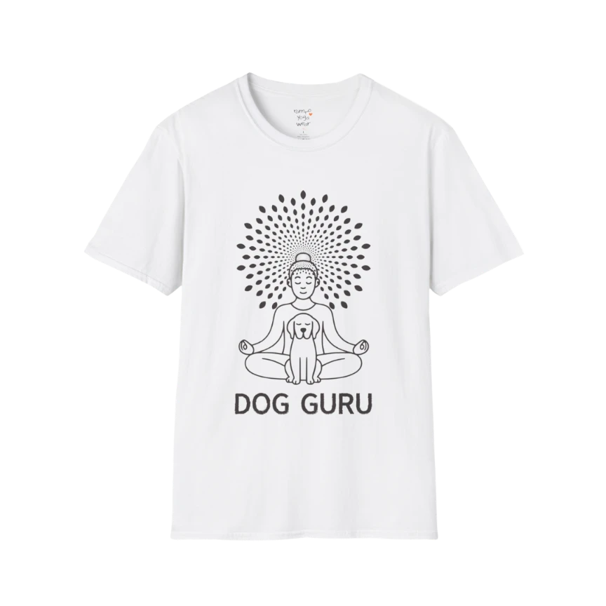 Dog Guru T-Shirt in White with peaceful yoga-inspired dog graphic and minimalist mindful design.