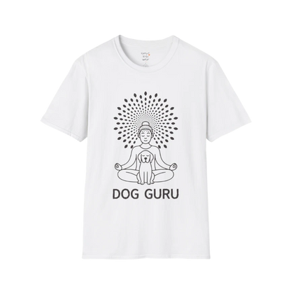 Dog Guru T-Shirt in White with peaceful yoga-inspired dog graphic and minimalist mindful design.
