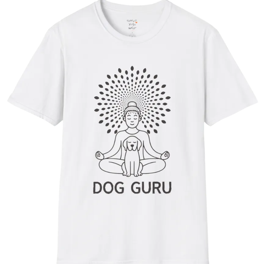 Meditating dog figure in lotus pose with mandala sunburst halo, “Dog Guru” design — The Vault collection by Ramro Yoga Wear — White