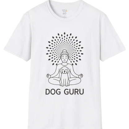 Meditating dog figure in lotus pose with mandala sunburst halo, “Dog Guru” design — The Vault collection by Ramro Yoga Wear — White