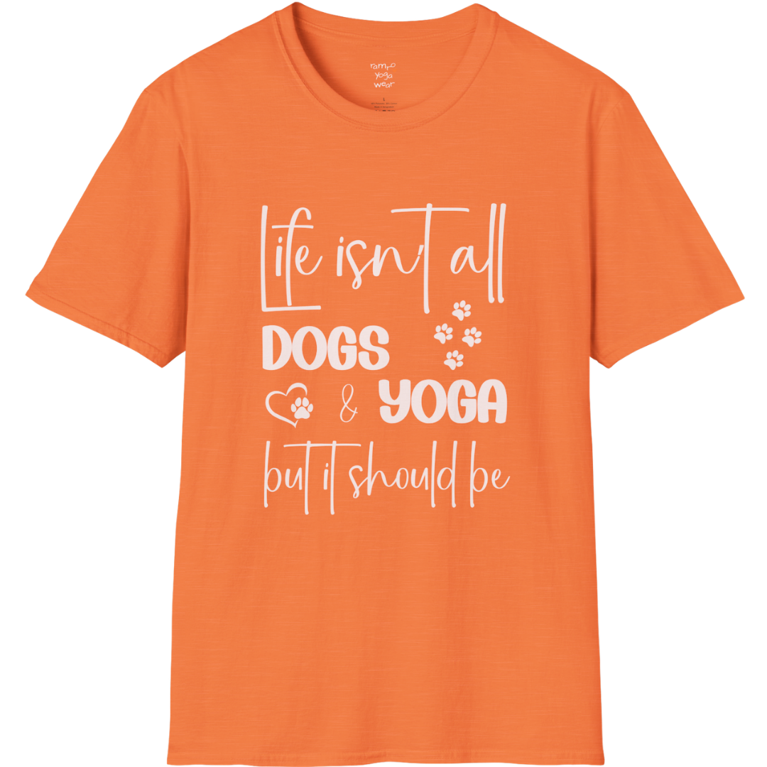 Paw print and script typography reading "Life isn't all dogs and yoga, but it should be" on Heather Orange tee — The Vault collection by Ramro Yoga Wear
