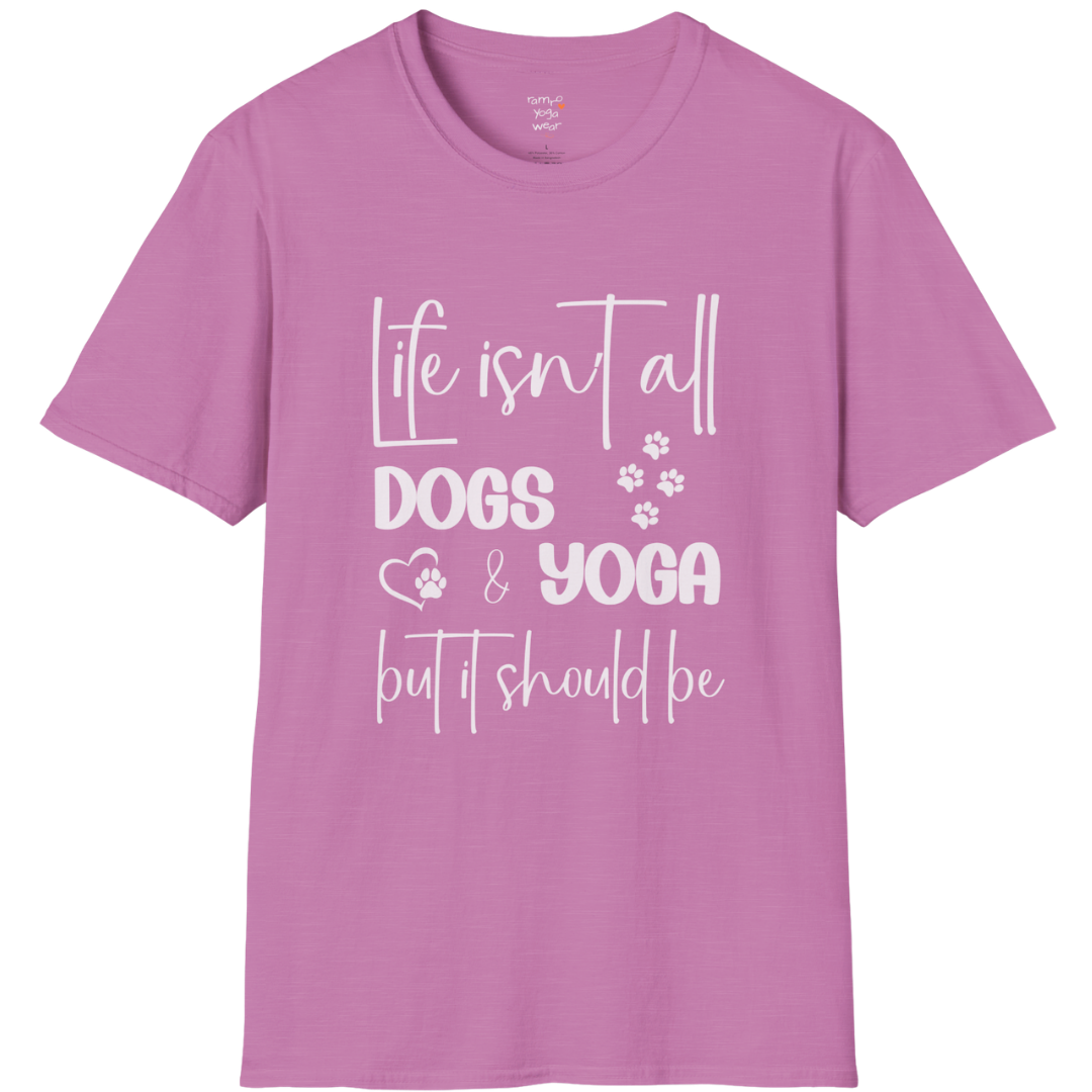 Paw print and script typography reading "Life isn't all dogs and yoga, but it should be" on Heather Radiant Orchid tee — The Vault collection by Ramro Yoga Wear