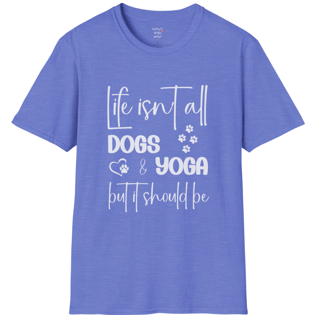 Paw print and script typography reading "Life isn't all dogs and yoga, but it should be" on Heather Royal tee — The Vault collection by Ramro Yoga Wear