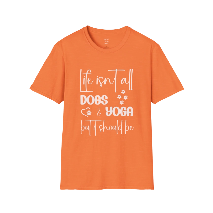 Paw print and script typography reading "Life isn't all dogs and yoga, but it should be" on Heather Orange tee — The Vault collection by Ramro Yoga Wear