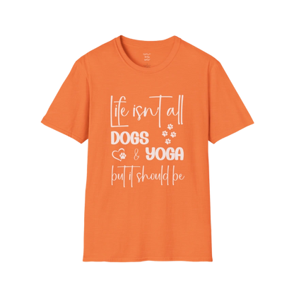 Paw print and script typography reading "Life isn't all dogs and yoga, but it should be" on Heather Orange tee — The Vault collection by Ramro Yoga Wear