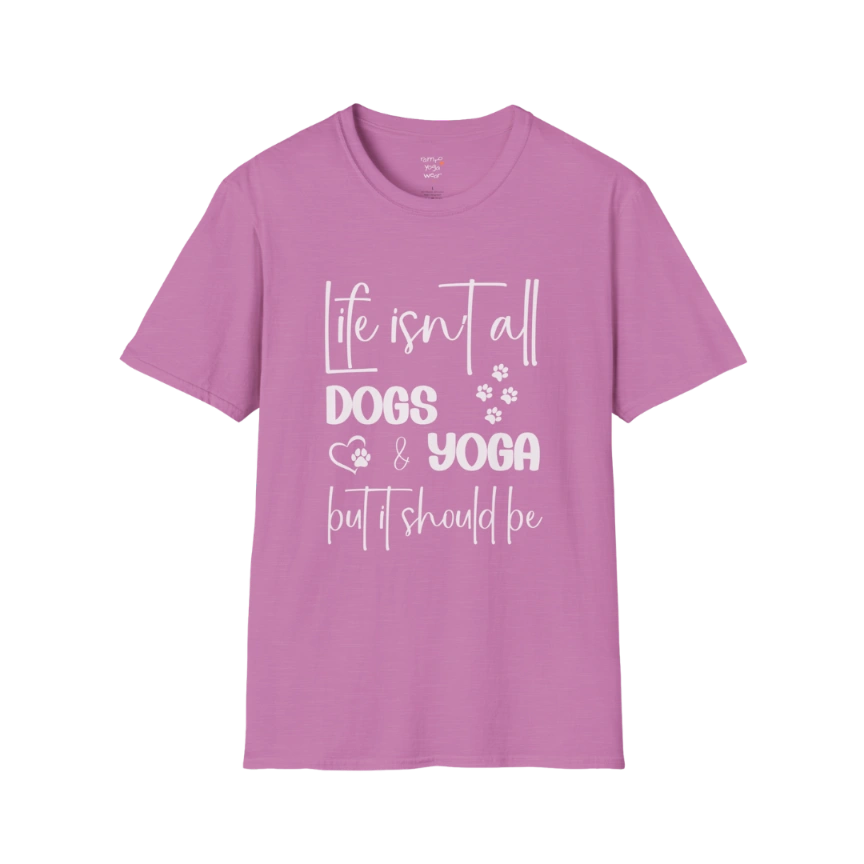 Paw print and script typography reading "Life isn't all dogs and yoga, but it should be" on Heather Radiant Orchid tee — The Vault collection by Ramro Yoga Wear