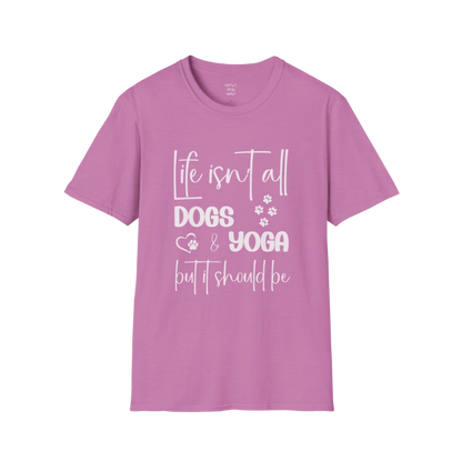 Paw print and script typography reading "Life isn't all dogs and yoga, but it should be" on Heather Radiant Orchid tee — The Vault collection by Ramro Yoga Wear
