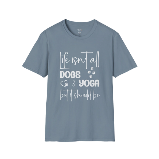 Dog T-Shirt in Stone Blue with simple text graphic. Cool-toned yoga tee with a relaxed, easygoing feel.