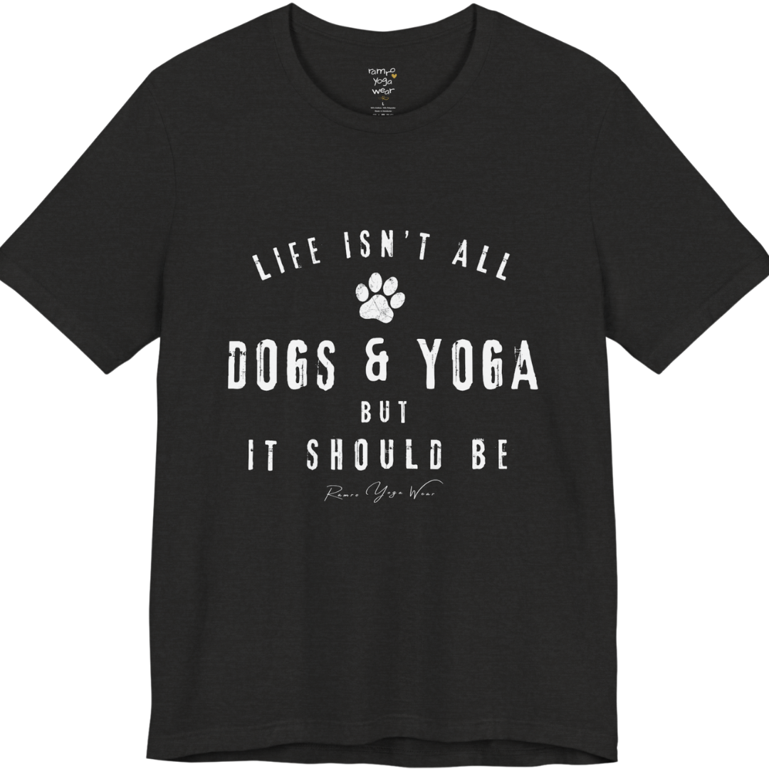 Bold distressed paw print yoga slogan tee in Black Heather — Funny Yoga Shirts collection by Ramro Yoga Wear