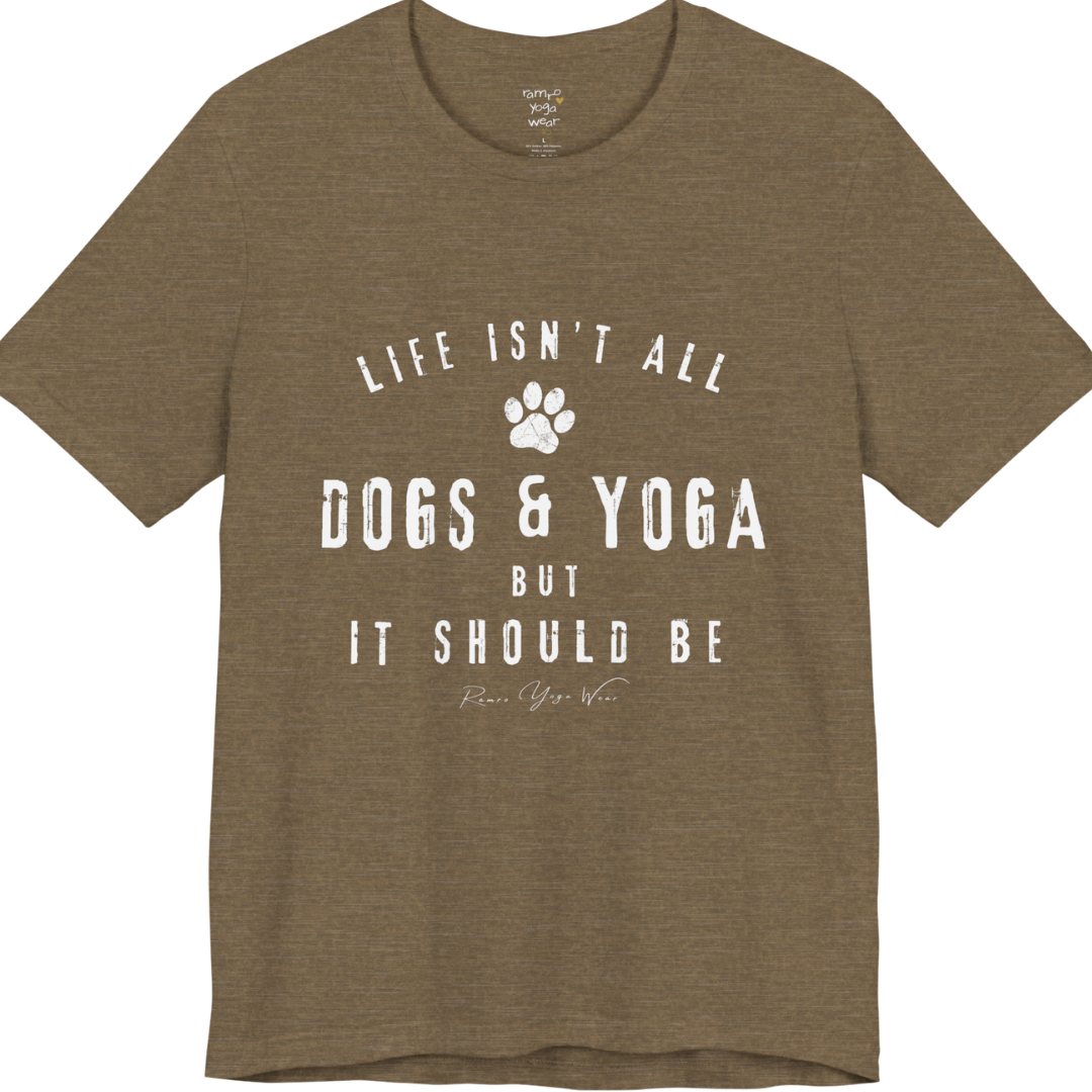 Bold distressed paw print yoga slogan tee in Heather Olive — Funny Yoga Shirts collection by Ramro Yoga Wear