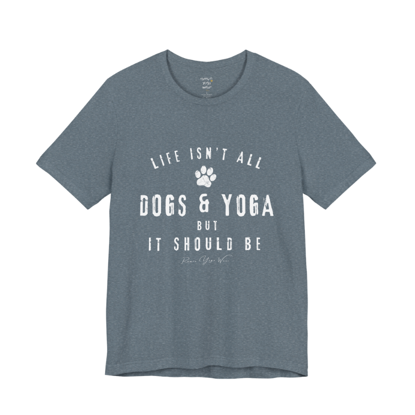 Bold distressed paw print yoga slogan tee in Heather Slate — Funny Yoga Shirts collection by Ramro Yoga Wear