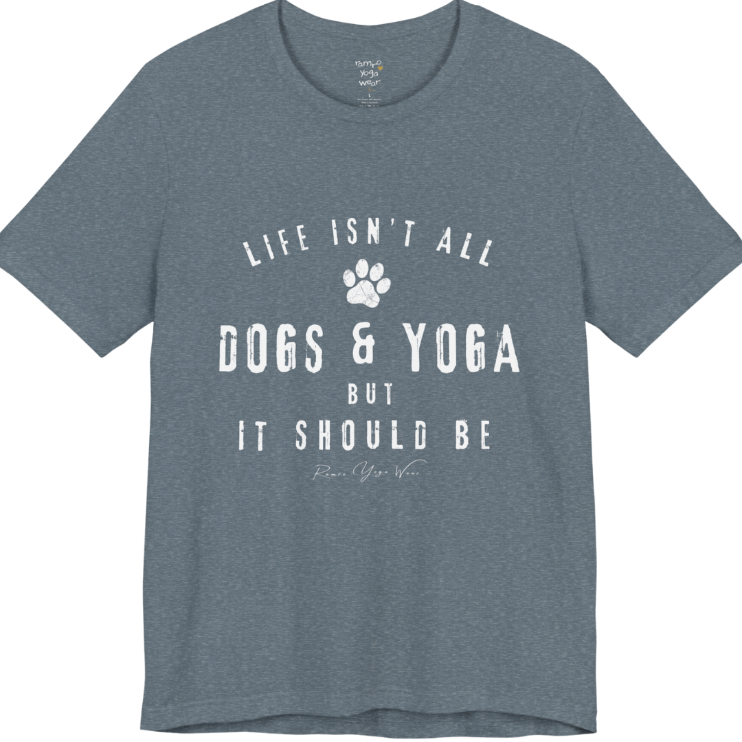 Bold distressed paw print yoga slogan tee in Heather Slate — Funny Yoga Shirts collection by Ramro Yoga Wear