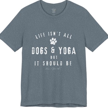 Bold distressed paw print yoga slogan tee in Heather Slate — Funny Yoga Shirts collection by Ramro Yoga Wear