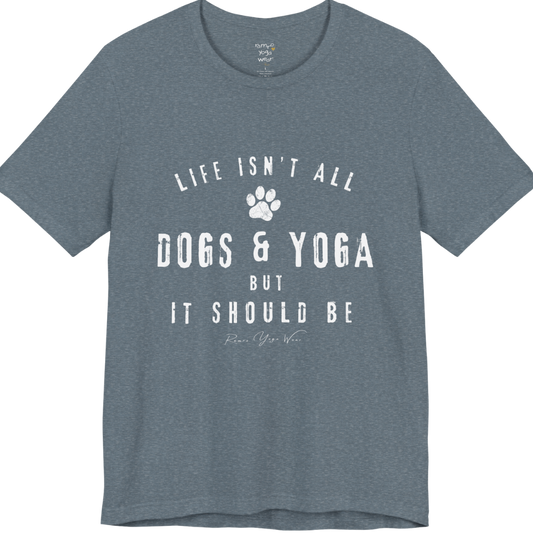 Bold distressed paw print yoga slogan tee in Heather Slate — Funny Yoga Shirts collection by Ramro Yoga Wear
