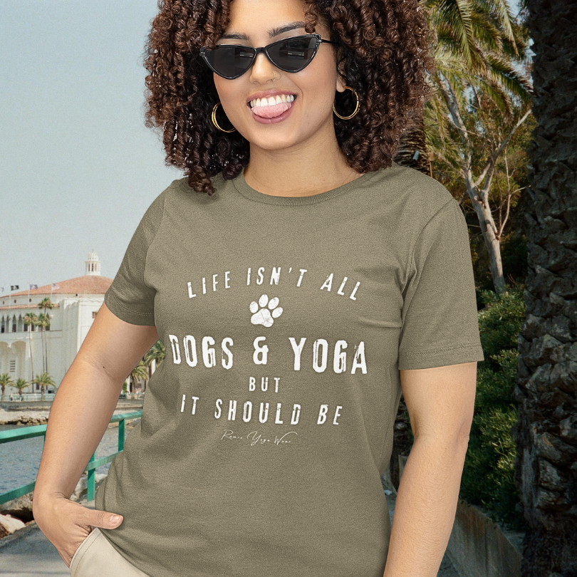 Woman wearing Dogs and Yoga Heather Olive funny yoga shirt outdoors — Funny Yoga Shirts collection by Ramro Yoga Wear