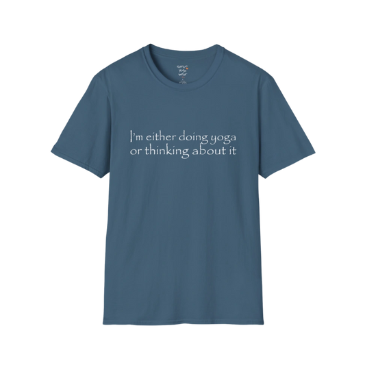 Indigo Blue Doing Yoga T-Shirt with minimalist yoga typography inspired by calm movement and conscious living.