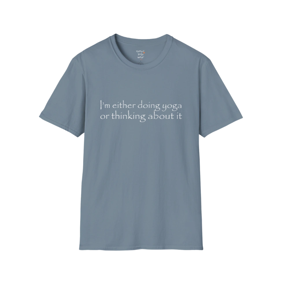 I'm either doing yoga or thinking about it" minimal text design — The Vault collection by Ramro Yoga Wear — Stone Blue
