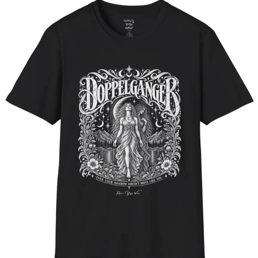A short sleeved tee called the Doppelganger T-Shirt, flat lay and a Gildan 64000 shirt. Simply says, Even Your Shadow Doesn't Move Like You. Design highlights a woman standing before a crescent moon with a second shadow-self figure behind her, framed by mountains, florals, and ornate engraved linework border. Color is Black.