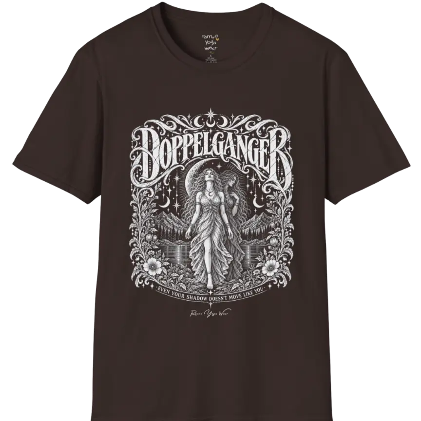 A short sleeved tee called the Doppelganger T-Shirt, flat lay and a Gildan 64000 shirt. Simply says, Even Your Shadow Doesn't Move Like You. Design highlights a woman standing before a crescent moon with a second shadow-self figure behind her, framed by mountains, florals, and ornate engraved linework border. Color is Dark Chocolate.