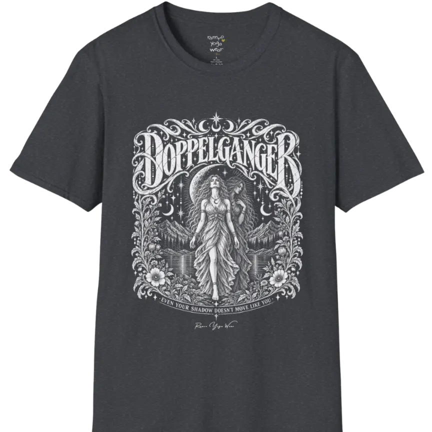A short sleeved tee called the Doppelganger T-Shirt, flat lay and a Gildan 64000 shirt. Simply says, Even Your Shadow Doesn't Move Like You. Design highlights a woman standing before a crescent moon with a second shadow-self figure behind her, framed by mountains, florals, and ornate engraved linework border. Color is Dark Heather Grey.