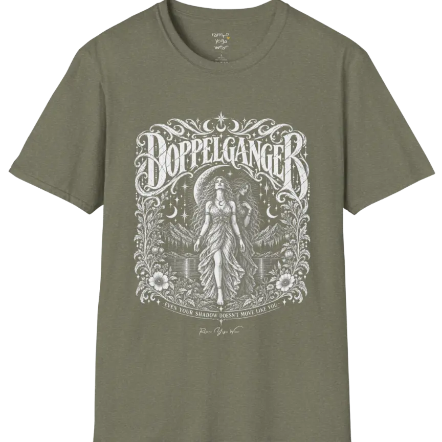 A short sleeved tee called the Doppelganger T-Shirt, flat lay and a Gildan 64000 shirt. Simply says, Even Your Shadow Doesn't Move Like You. Design highlights a woman standing before a crescent moon with a second shadow-self figure behind her, framed by mountains, florals, and ornate engraved linework border. Color is Heather Military Green.