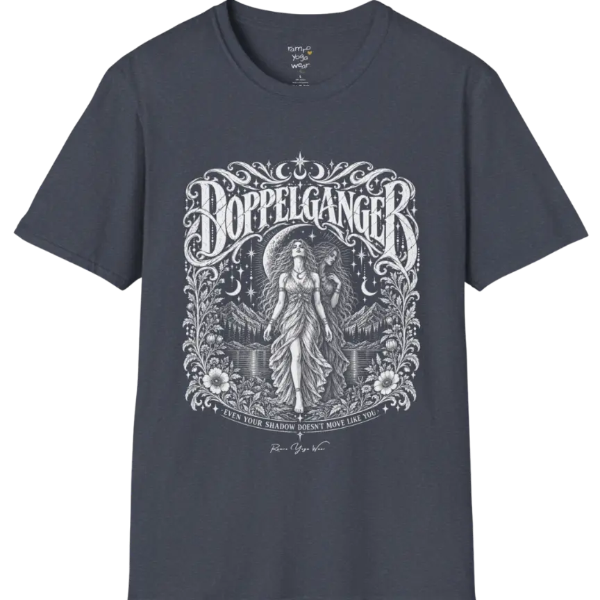 A short sleeved tee called the Doppelganger T-Shirt, flat lay and a Gildan 64000 shirt. Simply says, Even Your Shadow Doesn't Move Like You. Design highlights a woman standing before a crescent moon with a second shadow-self figure behind her, framed by mountains, florals, and ornate engraved linework border. Color is Heather Navy.