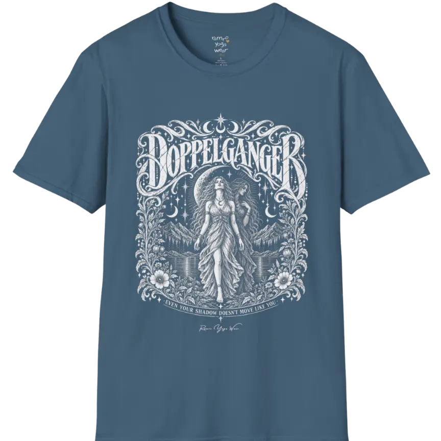 A short sleeved tee called the Doppelganger T-Shirt, flat lay and a Gildan 64000 shirt. Simply says, Even Your Shadow Doesn't Move Like You. Design highlights a woman standing before a crescent moon with a second shadow-self figure behind her, framed by mountains, florals, and ornate engraved linework border. Color is Indigo Blue.