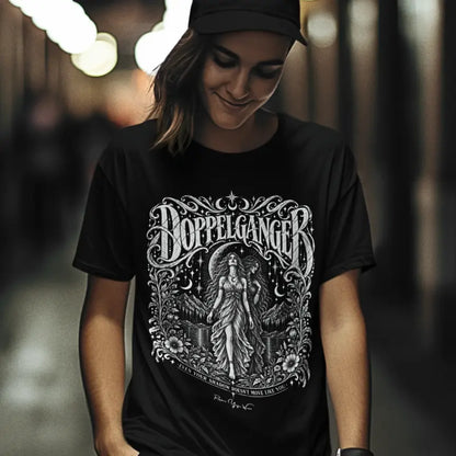 Person wearing the Doppelganger T-Shirt, Even Your Shadow Doesn't Move Like You design, walking through the city at night, in Black