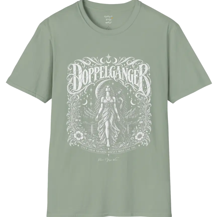 A short sleeved tee called the Doppelganger T-Shirt, flat lay and a Gildan 64000 shirt. Simply says, Even Your Shadow Doesn't Move Like You. Design highlights a woman standing before a crescent moon with a second shadow-self figure behind her, framed by mountains, florals, and ornate engraved linework border. Color is Sage.