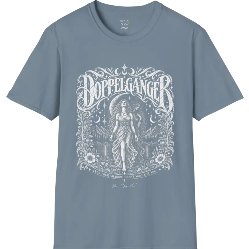 A short sleeved tee called the Doppelganger T-Shirt, flat lay and a Gildan 64000 shirt. Simply says, Even Your Shadow Doesn't Move Like You. Design highlights a woman standing before a crescent moon with a second shadow-self figure behind her, framed by mountains, florals, and ornate engraved linework border. Color is Stone Blue.