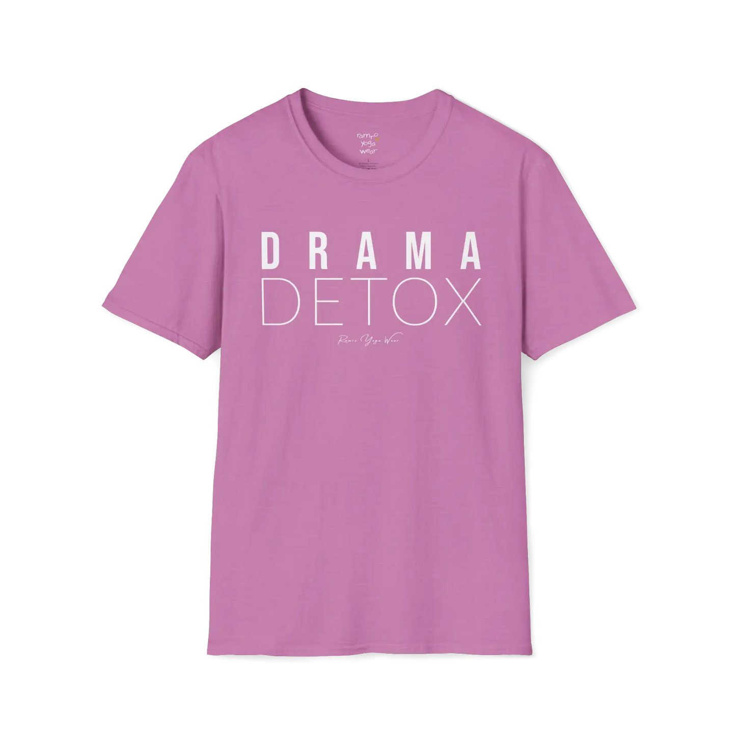 "Drama Detox" stacked sans-serif text design — The Vault collection by Ramro Yoga Wear, Heather Radiant Orchid.