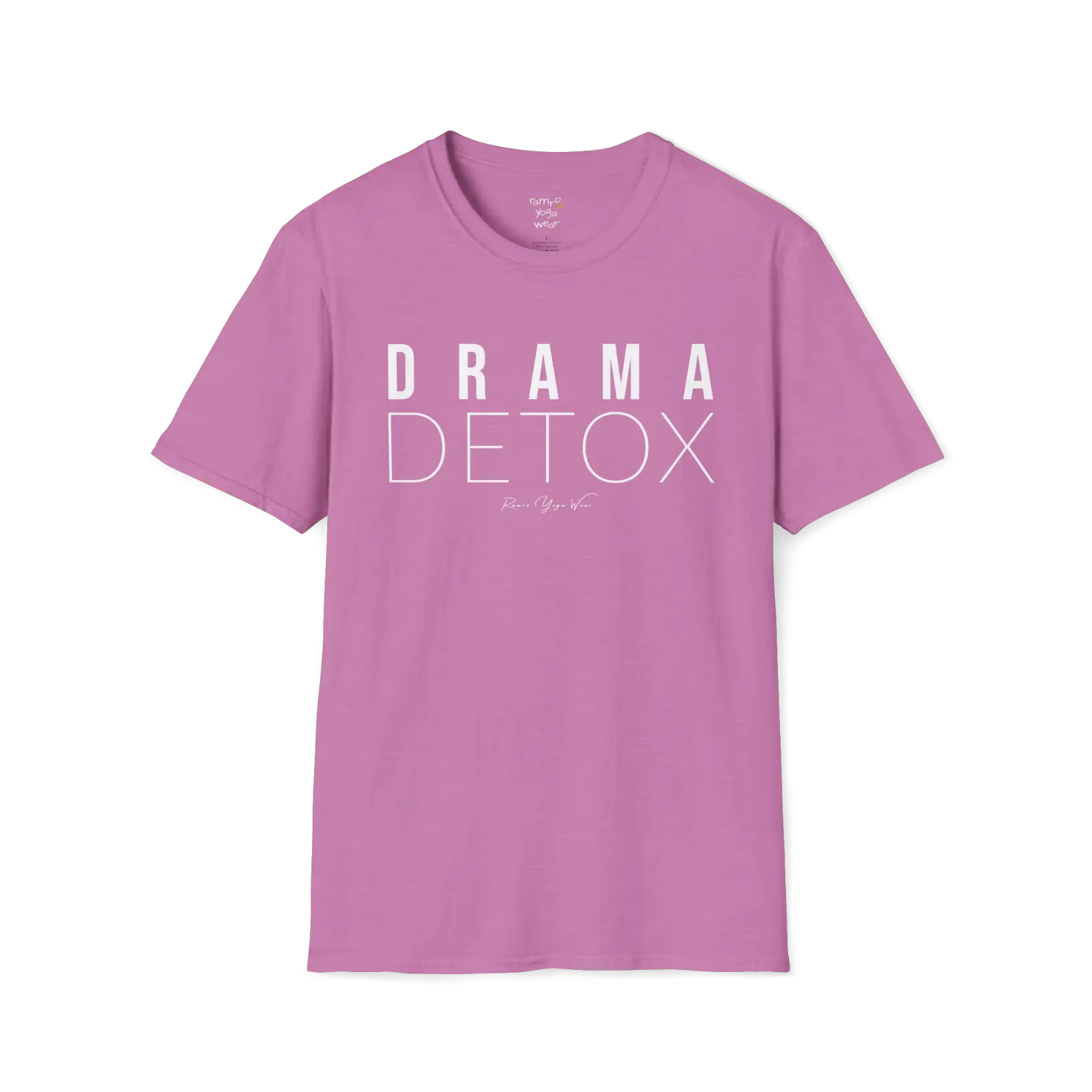 "Drama Detox" stacked sans-serif text design — The Vault collection by Ramro Yoga Wear, Heather Radiant Orchid.